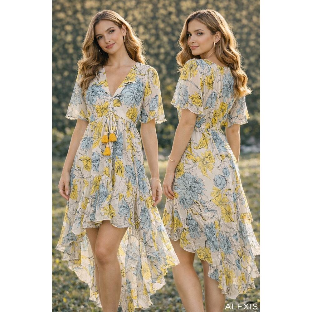 Alexis Floral High Low Dress Sz L Yellow Blue silk Blend Tassel tie Midi Boho